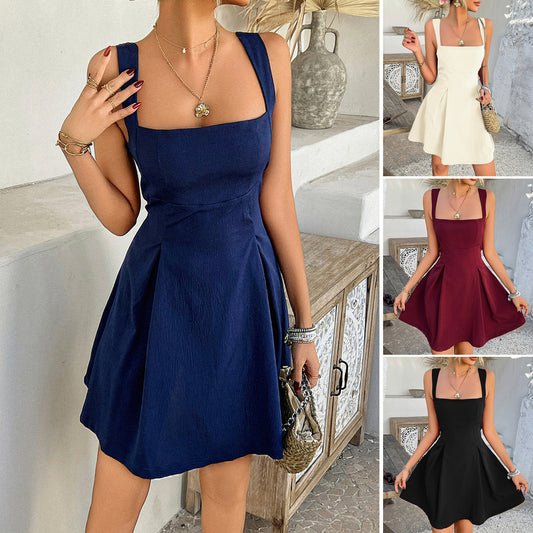 New Solid Color Dress European And American Elegant Style Foreign Trade Spaghetti Strap Short Dress Women's Holiday Style