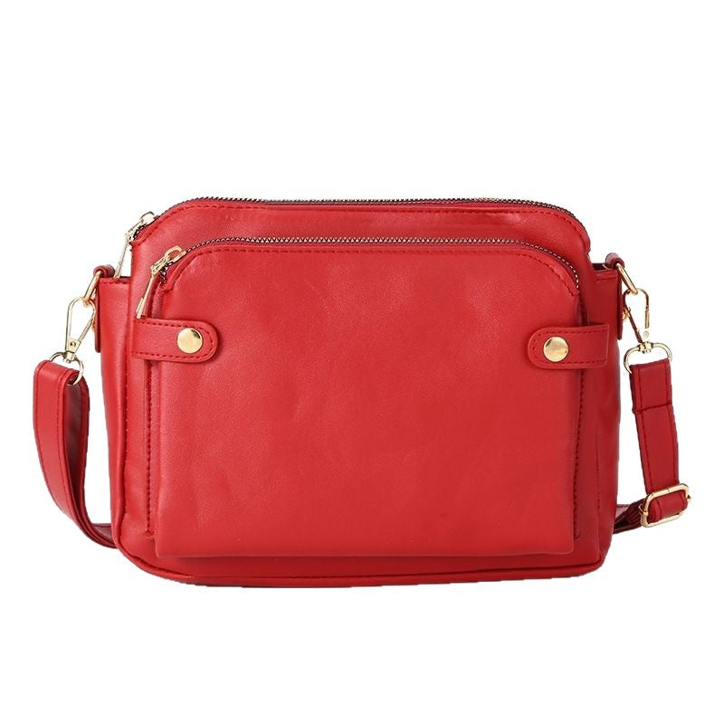 Retro Three-Layer Leather Crossbody Bag Multi-Compartment Handbag Small Square Bag
