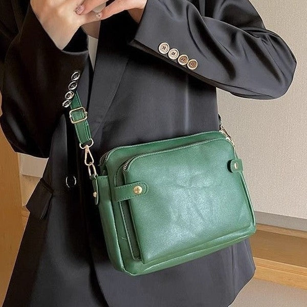 Retro Three-Layer Leather Crossbody Bag Multi-Compartment Handbag Small Square Bag