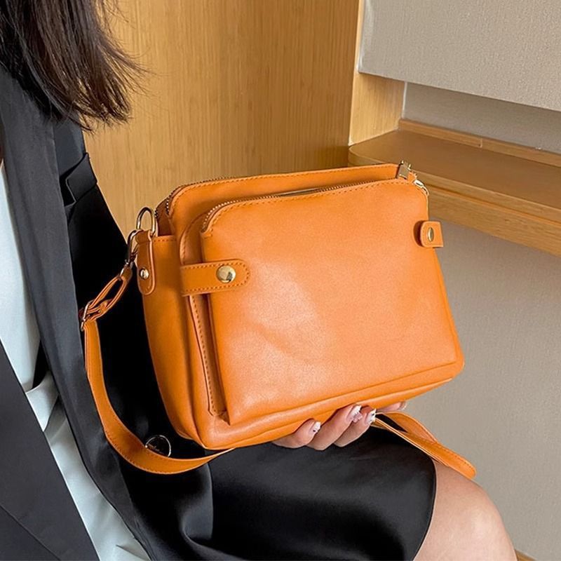 Retro Three-Layer Leather Crossbody Bag Multi-Compartment Handbag Small Square Bag