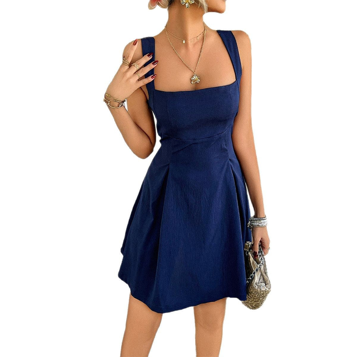 New Solid Color Dress European And American Elegant Style Foreign Trade Spaghetti Strap Short Dress Women's Holiday Style