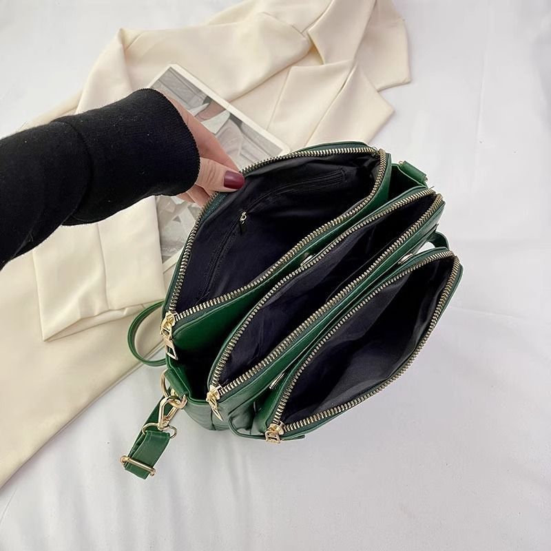 Retro Three-Layer Leather Crossbody Bag Multi-Compartment Handbag Small Square Bag